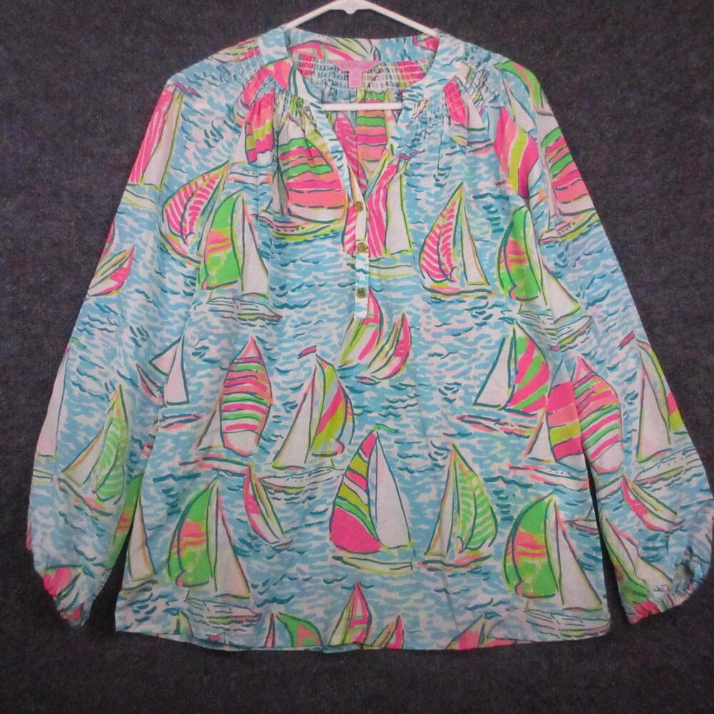 Lilly Pulitzer Blouse Womens XS Blue Sailboat Print Silk Henley Tunic Top